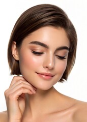 Obraz premium A close-up photo of a woman with fair skin and a short, straight, brown bob haircut. She has well-defined eyebrows, long eyelashes, and is wearing a subtle, natural makeup look with pink eyeshadow 