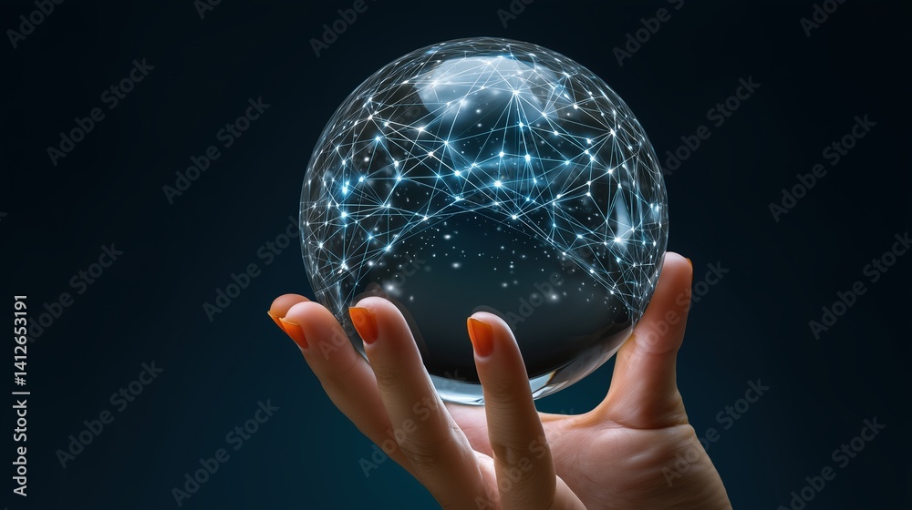 Poster a businessman's hand holding a transparent crystal ball with glowing digital network connections ins