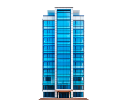 Modern office building with a sleek glass facade isolated on transparent background
