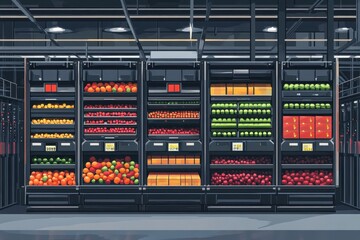 Colorful Display of Fresh Fruits and Vegetables in Supermarket Aisle