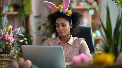 A young executive with natural hair and bunny ears sits at her desk typing with Easter garlands, baskets, and blooms creating a festive workspace
