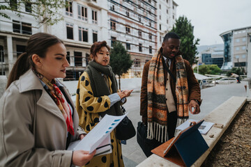 Three business people review documents and a tablet's screen during an outdoor meeting in an urban setting, highlighting teamwork and modern work practices.