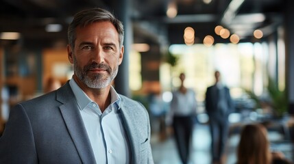 Fototapeta premium A friendly middle-aged man in a modern office setting exudes confidence and professionalism. The blurred background features colleagues in a vibrant workspace.