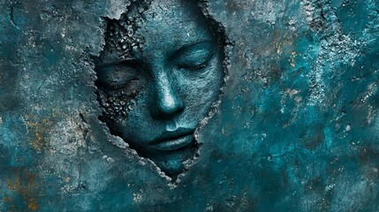 A cracked and broken face is that of a woman, whose image exudes a sense of sadness and despair as she desperately tries to hold on to who she is