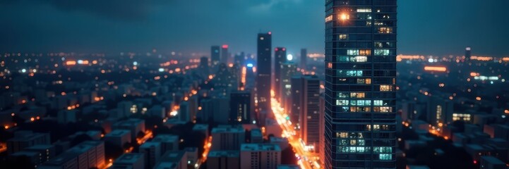 Obraz premium Towering modern building, blurred city lights , panoramic, texture