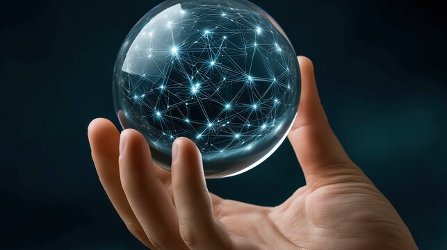 A businessman's hand holding a transparent crystal ball with glowing digital network connections inside, futuristic technology concept of global connectivity and data exchange on dark abstract backgro