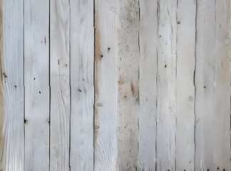 Fototapeta premium A close-up shot of a beat-up, old wooden fence made of vertical planks with visible grain and knots. The wood is a weathered grayish-white, giving off a rustic, aged vibe. The planks are evenly spaced