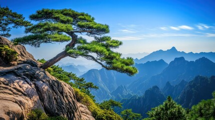 Fototapeta premium Majestic Pine Tree Overlooking the Huangshan Mountain Range Scenery