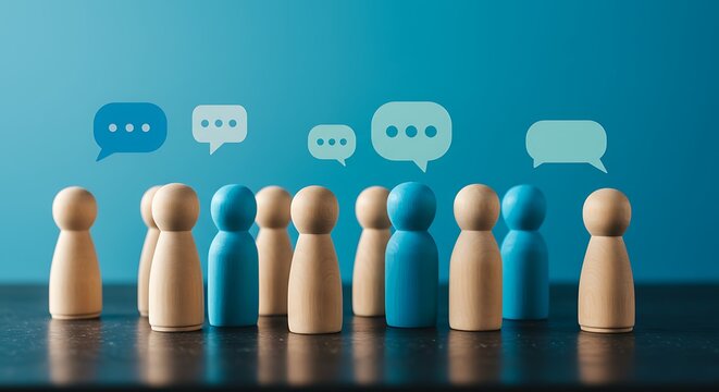Wooden figures with speech bubbles - collaboration and communication - business presentation/article/blog.