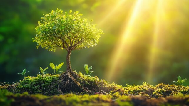 Earth Day eco concept with tropical forest background, natural forestation preservation scene with canopy tree in the wild, concept on sustainability and environmental renewable.