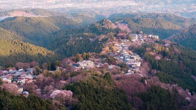 Viewpoint of Mount Yoshino with traditional village among cherry blossom during spring at Nara, Japan