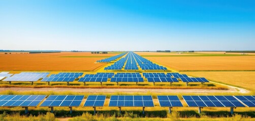 Rows of solar panels in a vast field under a clear blue sky, energy crisis, energy independence