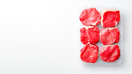 Premium cuts of red meat packaged in plastic crate on white background