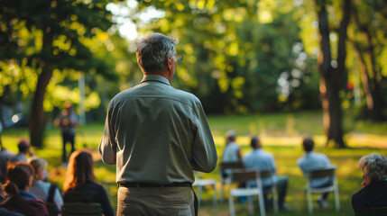 A candidate speaking to a small crowd in a park. stock image, hd quality, natural look, blog post