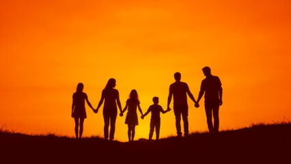 Fototapeta premium Silhouette of a Family Holding Hands Against a Vibrant Sunset Sky Over a Hill with Warm Orange and Yellow Tones in the Background