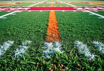 Gridiron close-up, showing yard lines, hash marks, end zone, playing field, stadium