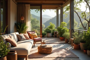 Fototapeta premium Dreamy Terrace Reading Nook with Books and Gentle Light