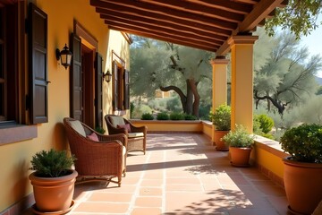 Fototapeta premium Cozy Mediterranean Villa Terrace with Stone Flooring, Clay Pots, and Olive Trees