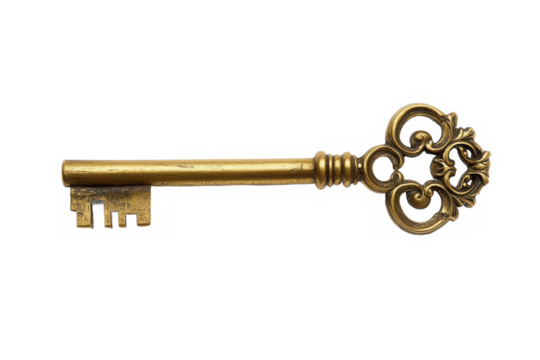 Gold Key Round Head with a smooth finish and shiny appearance Isolated on transparent background.