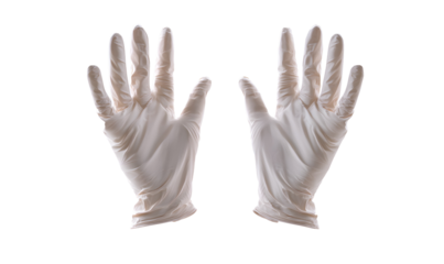 Elevated view of two surgical gloved hands on a seamless backdrop representing safety measures