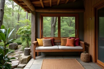 Fototapeta premium Forest Hideaway Terrace with Woven Blankets, Wooden Bench, and Stone Flooring