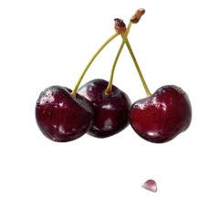 Cherries with connected stems resting on reflective surface, isolated PNG format, transparent background, high-resolution, suitable for stock image use --v 7.0