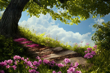 Naklejka premium Lush greenery frames a weathered path leading uphill under a large tree against a backdrop of fluffy clouds and blue sky.