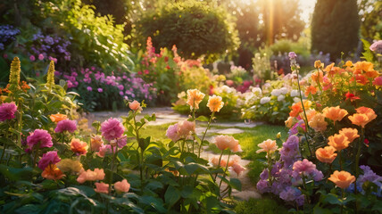 A dreamy ultra-HD garden filled with the most exquisite flowers in the world, vivid hues, soft golden light, stunning realism, depth of field photography, 8K resolution