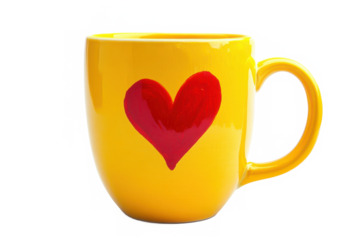 Yellow Ceramic Mug With Red Heart Design A vibrant and cheerful mug perfect for your favorite hot beverages featuring a red heart shape Isolated on transparent background.