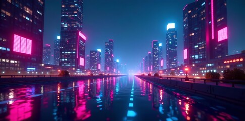 Obraz premium Futuristic digital cityscape with neon lights and glowing particles, abstract, glowing