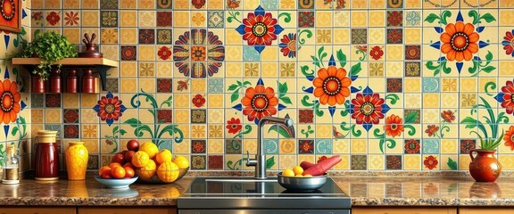 Vibrant Spanish-style kitchen mosaic backsplash with vector tile pattern & Portuguese motifs, art, artwork