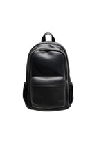 Naklejka premium Sophisticated black backpack minimalist style exudes elegance and versatility on a solid backdrop