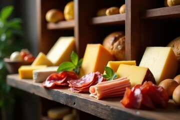 Assortment of cheeses, cured meats, and bread on a wooden shelf , still life, cheese selection