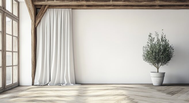 Une maison d'habitation se compose d'un salon vide avec une lumi&egrave;re traversante, un mur blanc, un plafond avec des poutres, un sol en bois et une plante verte