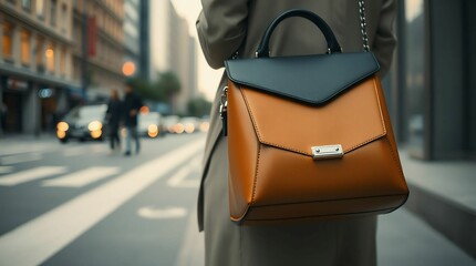 Rich Camel Leather Purse with Strap and Gloss Finish – Studio Style Handbag for Branding Use