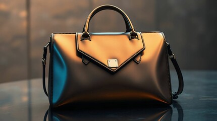 Tan Brown Purse with V-Cut Flap and Metallic Detail – Premium Leather Bag Isolated on Gradient Background