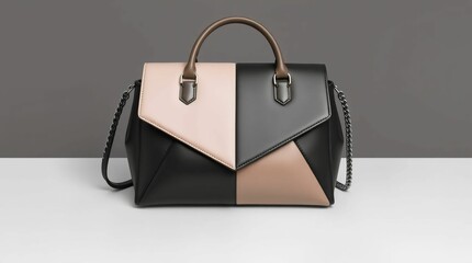 Neutral Beige and Black Geometric Handbag with Chain Strap – Trendy Minimalist Bag Illustration