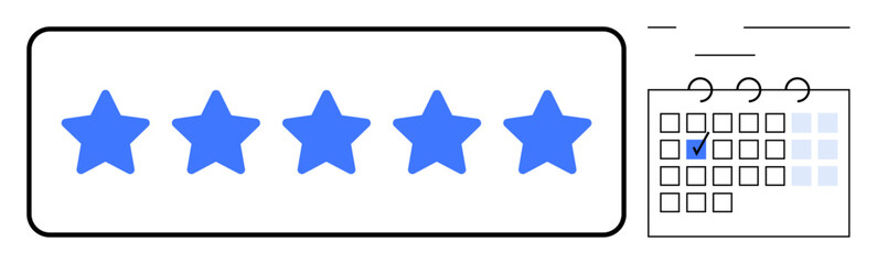 Blue stars representing a five-star rating next to a calendar with a highlighted date. Ideal for reviews, scheduling, planning, feedback, quality measurement, ratings, time management flat simple
