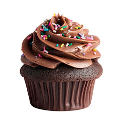 Chocolate cupcake with swirl frosting and sprinkles, isolated PNG format, transparent background, high-resolution, suitable for stock image use --v 7.0