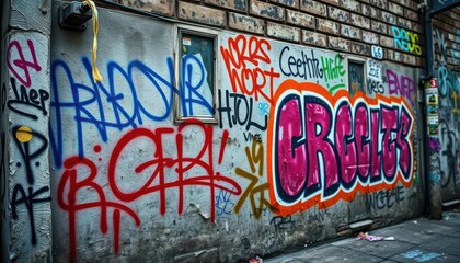 Grimy street wall, heavily tagged with vibrant graffiti, worn, urban