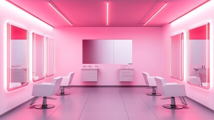 A beauty salon of the future boasts neon pink lighting and contemporary decor, complete with a stylist's chair and glowing mirrors that create a lively ambiance