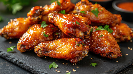 Close-up of golden crispy fried chicken wings with a glossy honey glaze and sprinkled parsley on a dark slate plate