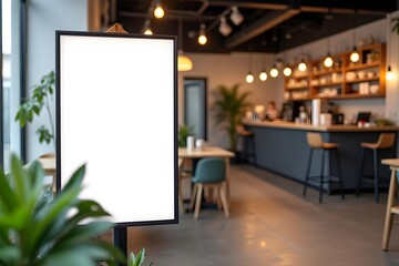White billboard placed in a coworking space near a coffee bar