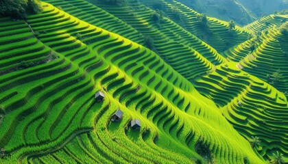 Emerald rice terraces climb steep mountain slopes, sunlight dappling vibrant green leaves, picturesque, crop