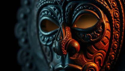 close up of a mask on a black background