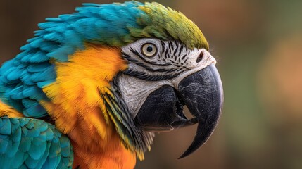Obraz premium Colorful macaw bird, captured in exquisite detail, its vibrant feathers showcasing a spectrum of colors and its sharp gaze exudes an inquisitive personality.