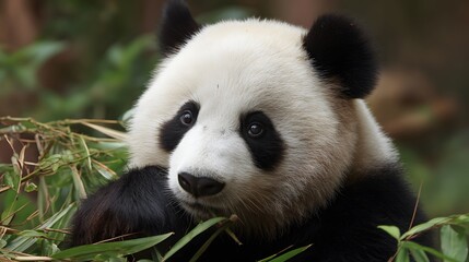 Fototapeta premium Giant Panda Bear in Greenery: A captivating portrait of a Giant Panda bear, surrounded by lush green foliage, showcasing its unique black and white fur and endearing expression.