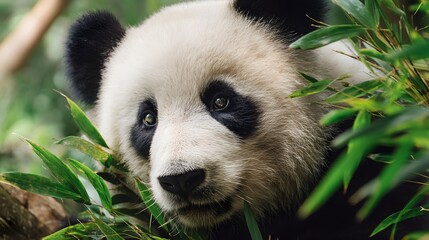 Obraz premium Giant Panda Peeking Through Bamboo: A close-up of a gentle giant panda, its distinctive black and white fur contrasting with the lush green bamboo leaves, evoking a sense of wonder and tranquility.