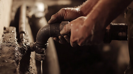 Plumber fixing a leaking pipe in a basement. Highlighting plumbing repairs and home maintenance