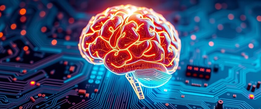 Glowing brain integrated circuit motherboard AI, bright, design